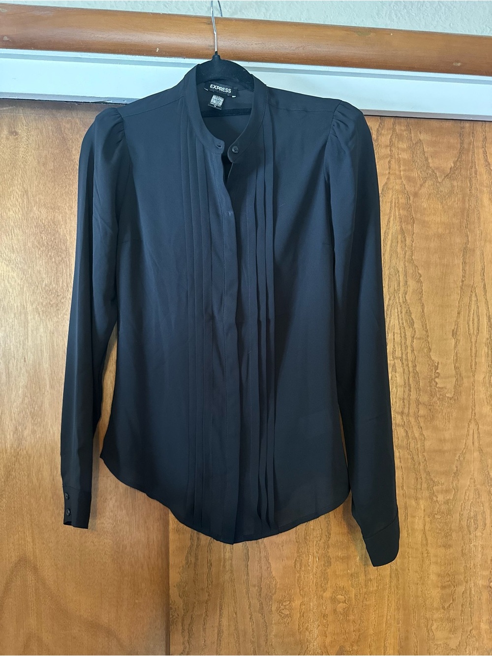 Express Black Pleated Front Band-Collar Blouse